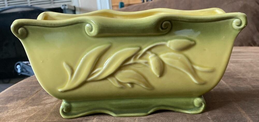 Vintage Embossed 3D Ceramic Planter 1940’s Floral Yellow Green Center Piece